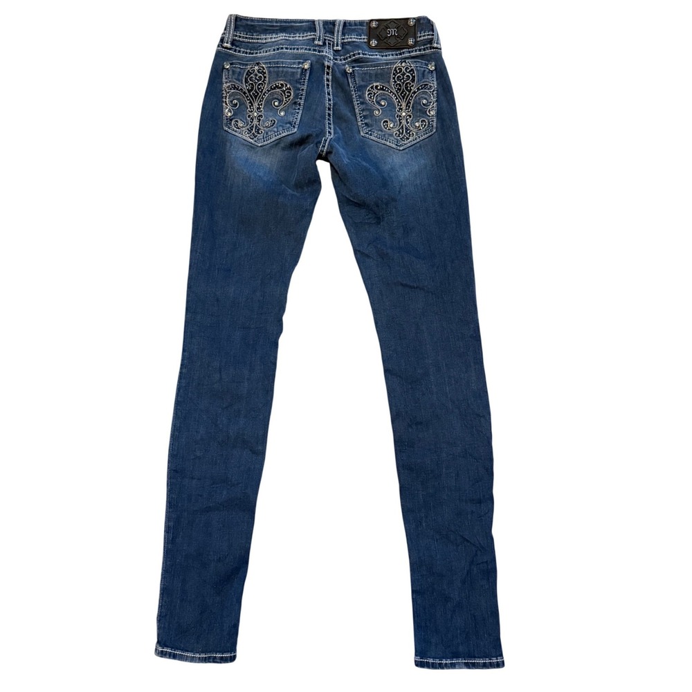 Miss Me JE6033GL Skinny Jeggings Dark Wash Fleur De Lis Rhinestone Jeans 28 - Picture 2 of 9